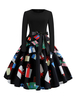Vintage Kleider Schwarz mit Print 50er jahre mode Rockabilly kleid Langarm Kleider und Rundkragen Polyester im Retro-Style