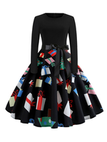 Vintage Kleider Schwarz mit Print 50er jahre mode Rockabilly kleid Langarm Kleider und Rundkragen Polyester im Retro-Style