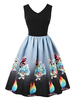 Vintage Kleider Schwarz mit Print 50er jahre mode Rockabilly kleid ärmellos Kleider V-Ausschnitt Polyester im Retro-Style Damenmode für Sommer
