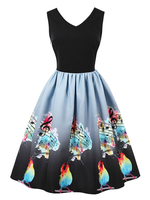 Vintage Kleider Schwarz mit Print 50er jahre mode Rockabilly kleid ärmellos Kleider V-Ausschnitt Polyester im Retro-Style Damenmode für Sommer