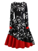 Vintage Kleider Schwarz mit Printmuster 50er jahre mode Rockabilly kleid Langarm und Rundkragen gemischten Baumwollen