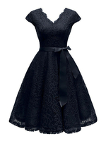 Vintage Kleider Schwarz mit Schleife 50er jahre mode Rockabilly kleid Kurzarm Kleider V-Ausschnitt Spitze im altmodischen Stil Damenmode für Sommer