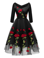 Vintage Kleider Schwarz mit Stickereien 50er jahre mode Rockabilly kleid 3/4 Ärmel Kleider V-Ausschnitt Polyester im Retro-Style