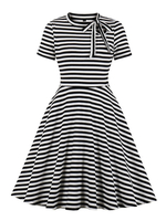 Vintage Kleider Schwarz mit Streifen 50er jahre mode Rockabilly kleid Kurzarm und Rundkragen Polyester im Retro-Style