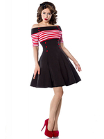 Vintage Kleider Schwarz mit Streifen 50er jahre mode und Knöpfen 1/2 Ärmel und Carmenausschnitt Polyester im eleganten Stil