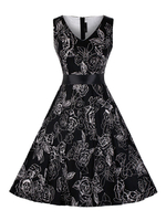 Vintage Kleider Schwarz ärmellos 50er jahre mode Rockabilly kleid V-Ausschnitt Kleider Polyester im Retro-Style und Sommer Damenmode