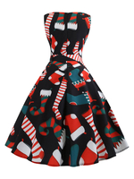 Vintage Kleider Schwarz Weihnachten-Motiv 50er jahre mode Rockabilly kleid mit Schleife Kleider ärmellos und Rundkragen Polyester im Retro-Style