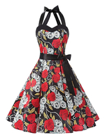 Vintage Kleider Skelettmuster 50er jahre mode Schwarz ärmellos Rockabilly kleid mit Halter Kleider für Sommer Damenmode
