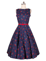 Vintage Kleider Tintenblau ärmellos 50er jahre mode Rockabilly kleid mit Rundkragen Kleider gemischten Baumwollen im casualen Stil für Sommer