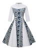 Vintage Kleider Weiß mit Printmuster 50er jahre mode Rockabilly kleid und Knöpfen 3/4 Ärmel und Stehkragen gemischten Baumwollen im Retro-Style
