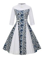 Vintage Kleider Weiß mit Printmuster 50er jahre mode Rockabilly kleid und Knöpfen 3/4 Ärmel und Stehkragen gemischten Baumwollen im Retro-Style