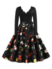 Vintage Kleider Weihnachten-Motiv 50er jahre mode Schwarz Polyester Rockabilly kleid Langarm Kleider Designender Ausschnitt