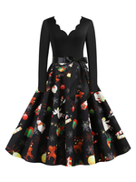 Vintage Kleider Weihnachten-Motiv 50er jahre mode Schwarz Polyester Rockabilly kleid Langarm Kleider Designender Ausschnitt