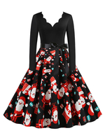 Vintage Kleider Weihnachten-Motiv 50er jahre mode Schwarz Polyester Rockabilly kleid Langarm Kleider Designender Ausschnitt