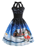 Vintage Kleider Weihnachten-Motiv 50er jahre mode Schwarz Polyester Rockabilly kleid ärmellos Kleider mit Rundkragen mittellang Damenmode für Winter