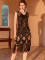 Vintage ärmelloses Midikleid mit V-Ausschnitt Fransen und Pailletten Geburtstagsparty-Kleider