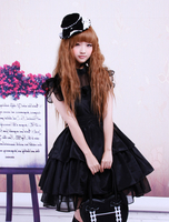 Viskose Garn schwarze Lolita OP Kleid mit Rüschen Hüftgurt