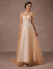 Von Schulter Hochzeitskleid Perlen Champagner Tüll Brautkleid Spitze mit Zug Milanoo