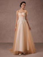 Von Schulter Hochzeitskleid Perlen Champagner Tüll Brautkleid Spitze mit Zug Milanoo