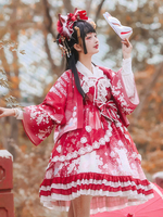 Wa Lolita JSK Kleid Blumendruck Kimono Lolita Kleid Bögen Blumen Red Lolita Jumper Röcke