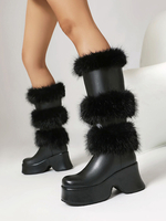 Wadenhohe Stiefel Damenstiefel aus PU-Leder mit runder Zehenpartie und klobigem Absatz