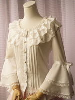 Weiß Chiffon Lolita Bluse Lange Hime Sleeves Spitze-Ordnungs-Runde Rüschen Kragen