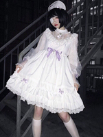 Weiß Lolita OP Kleid Gothic Rüschen Schleifen Kreuz Langarm Lolita Einteilige Kleider