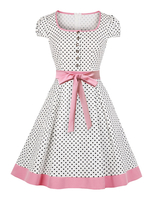 Weiß mit Polka-Tupfen 50er jahre mode und Knöpfen Kurzarm und Rundkragen Baumwolle im eleganten Stil knielang