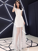 Weiß Prom Kleider Lange Illusion Kurzarm Formelle Party Kleid