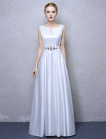 Weiß Prom Kleider Satin lange formale Kleid gekerbten Ausschnitt Strass Perlen Sash bodenlangen formale Kleider