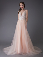 Weich Rosa Brautkleider 2021 Tülle Farbig Brautkleid Riemen V Ausschnitt A Linie Prom Kleider