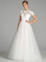 Weiße A-Linie Brautkleider mit Zug kurze Ärmel rückenfreie Spitze Jewel Neck Brautkleider