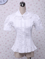 Weiße Baumwolle Lolita Bluse Kurzarm geschichteten Lace Trim Rüschen
