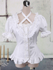 Weiße Baumwolle Lolita Bluse Kurzarm Hals Riemen Lace Trim Rüschen