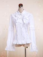 Weiße Baumwolle Lolita Bluse Langarm Lace Trim Spitze Bögen