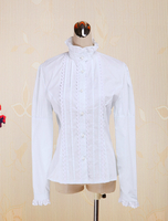 Weiße Baumwolle Lolita Bluse Langarm Stand Kragen Lace Trim Rüschen