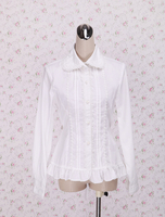 Weiße Baumwolle Lolita Bluse Langarm Taille Gürtel Rüschen Trim