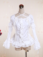 Weiße Baumwolle Lolita Bluse lange Hime Ärmel Hals Riemen Lace Trim Rüschen