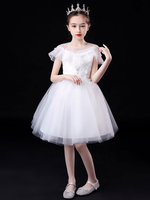 Weiße Blume Mädchen Kleider Illusion Ausschnitt Kurzarm Ärmel Tüll Prinzessin Kleid Blumen Perlen Verschönerung Kinder Partykleider