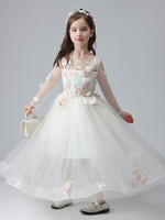 Weiße Blume Mädchen Kleider Juwel Hals lange Ärmel knöchellange Prinzessin Kleid Tüll Blumen Perlen bestickte formelle Kinder Festzug Kleider