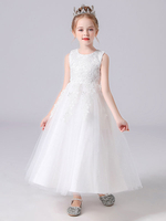 Weiße Blumenmädchenkleider Juwelenhals Ärmellose Schleifen Kinder Partykleider Prinzessin Kleid