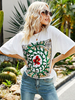 Weiße Bluse für Damen Jewel Neck Half Sleeves Cotton Printed Pattern Paspeln Oversized Shirt