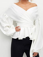 Weiße Bluse für Frauen Bateau Neck Langarm Polyester Casual Tops