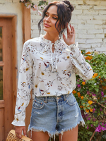 Weiße Bluse für Frauen Blumendruck Lässiges Chiffon-Sommerhemd mit langen Ärmeln
