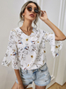 Weiße Bluse für Frauen Blumenmuster V-Ausschnitt Halbarm Polyester Casual T-Shirt