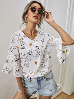 Weiße Bluse für Frauen Blumenmuster V-Ausschnitt Halbarm Polyester Casual T-Shirt