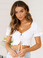 Weiße Bluse für Frauen Cabrio Schnürrüschen Sweetheart Neck Casual Kurzarm Polyester Sexy Tops