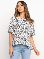 Weiße Bluse für Frauen Chiffon Jewel Neck Leopardenmuster Kurzarm T-Shirt