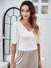Weiße Bluse für Frauen Halbarm Stretch Paspelierung V-Ausschnitt Polyester Frauen T-Shirt