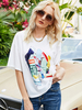 Weiße Bluse für Frauen Jewel Neck Half Sleeves Cotton Printed Pattern Paspeln Oversized T-Shirt